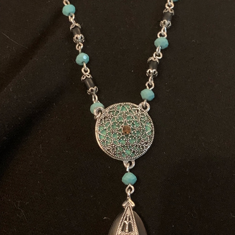 Vintage Nina Ricci Turquoise Beaded Silver Pendant Necklace - Women Jewelry